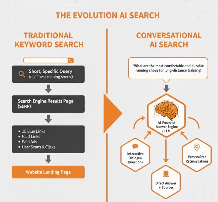 difference between traditional keyword search and conversational AI-powered search pathways 