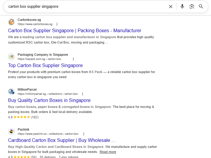 KS Packaging ranking on Google for carton box supplier singapore
