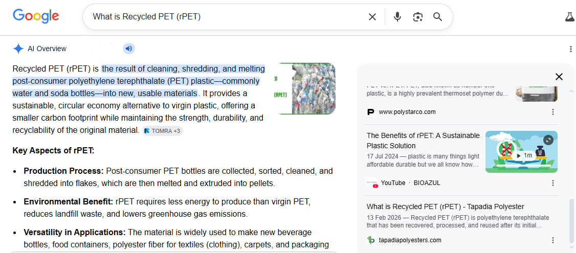 Google search results for What is Recycled PET (rPET) with a Tapadia Polyester article cited in the AI Overview sources.