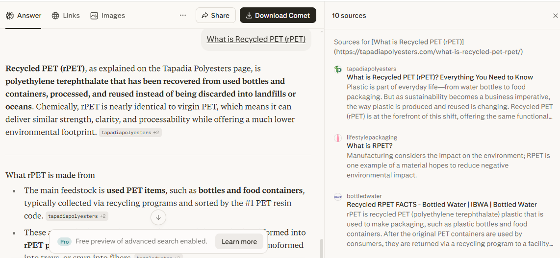 Tapadia Polyesters cited first in AI search results for What is Recycled PET (rPET)