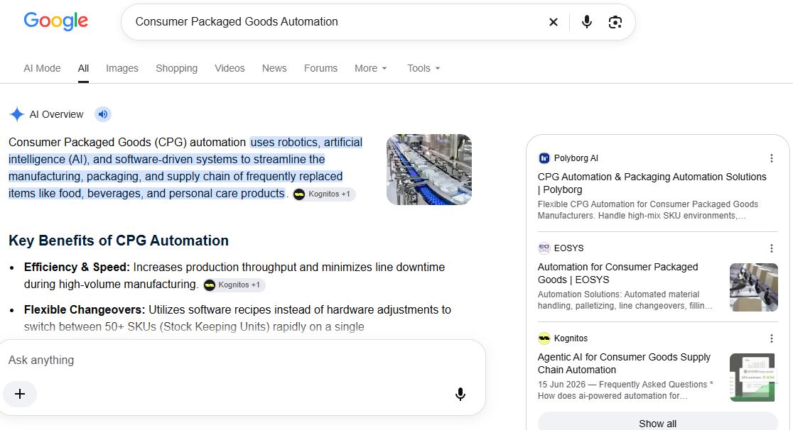 Polyborg AI cited in Google AI Overview for Consumer Packaged Goods Automation
